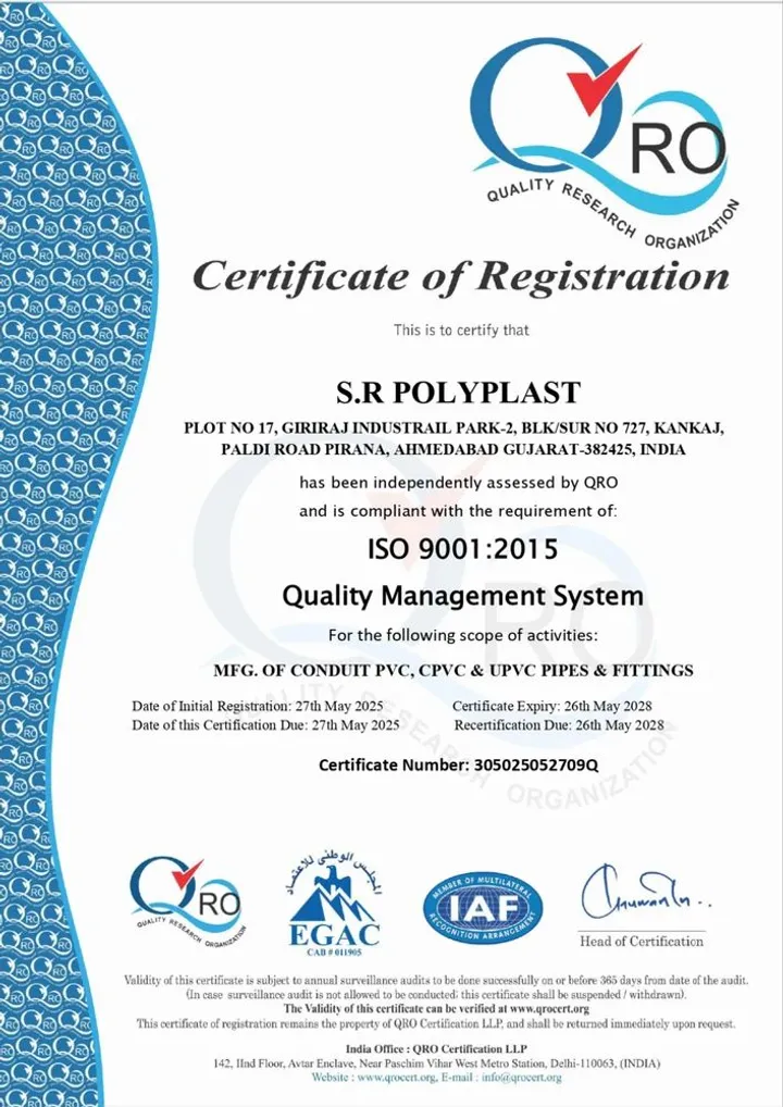 ISO 9001:2015 certificate of S.R Poly Plast issued by QRO — number 305025052709Q